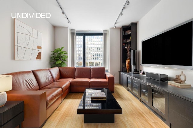 living room with track lighting and light hardwood / wood-style floors