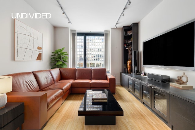 living area featuring light wood finished floors and rail lighting