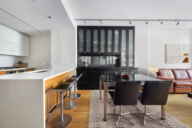 dining room featuring track lighting and light wood finished floors