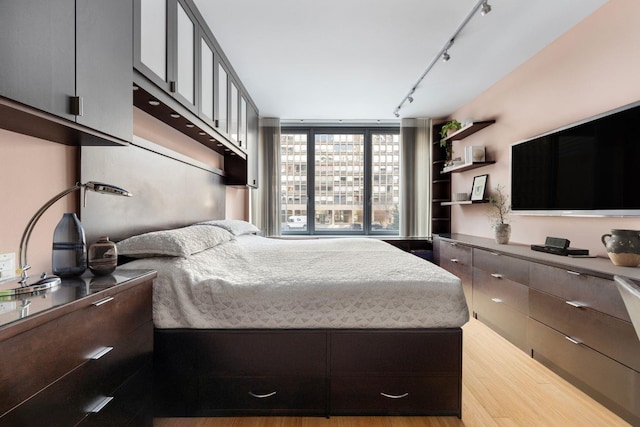 bedroom featuring track lighting and light wood-type flooring