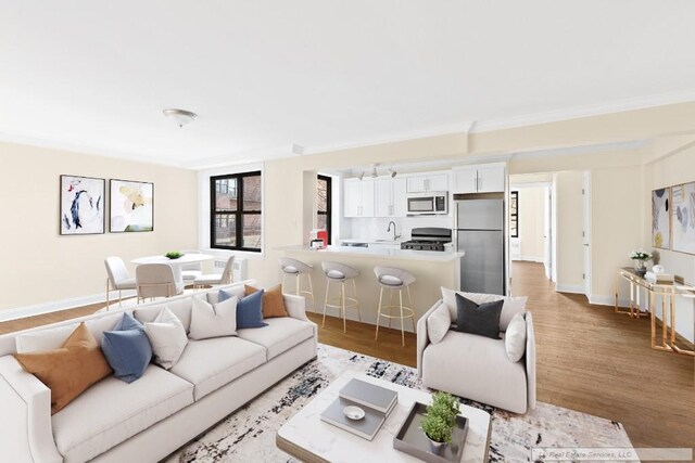 living room featuring sink, crown molding, and wood-type flooring