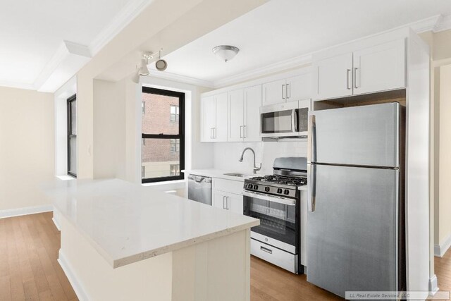 kitchen with sink, crown molding, light wood-type flooring, appliances with stainless steel finishes, and white cabinets