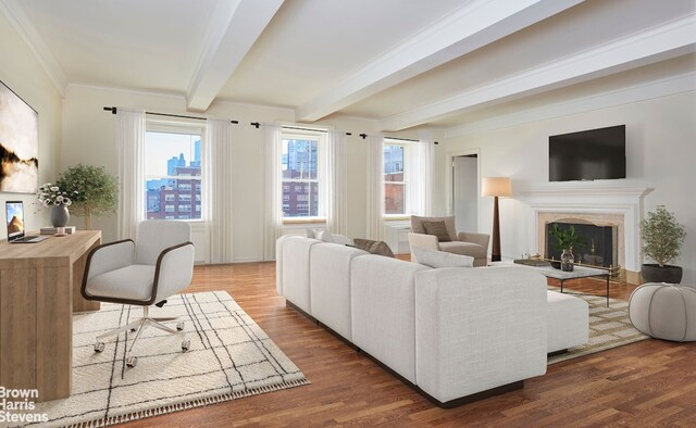 living room featuring wood-type flooring and beam ceiling