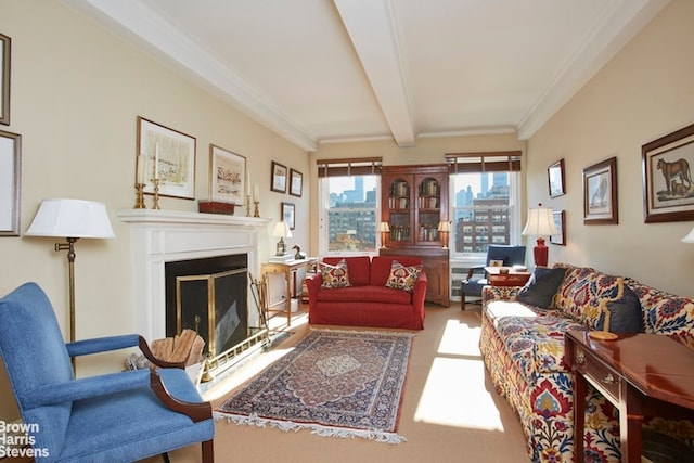 living room featuring beamed ceiling, crown molding, and carpet