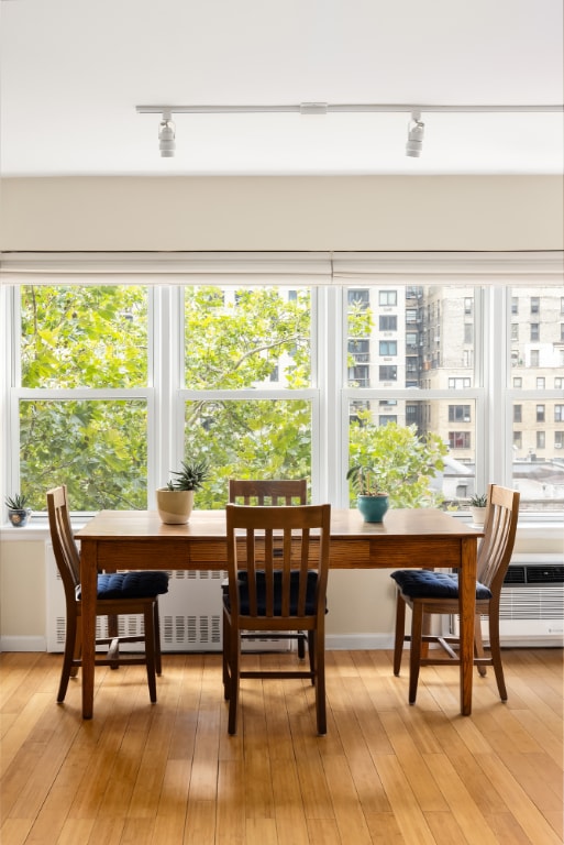 dining room with radiator heating unit and light wood-type flooring