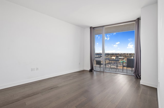spare room with baseboards, expansive windows, and dark wood-type flooring
