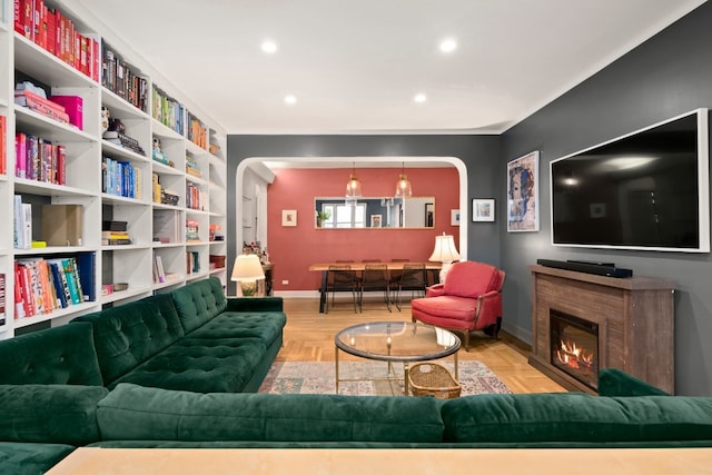 living room featuring light parquet flooring