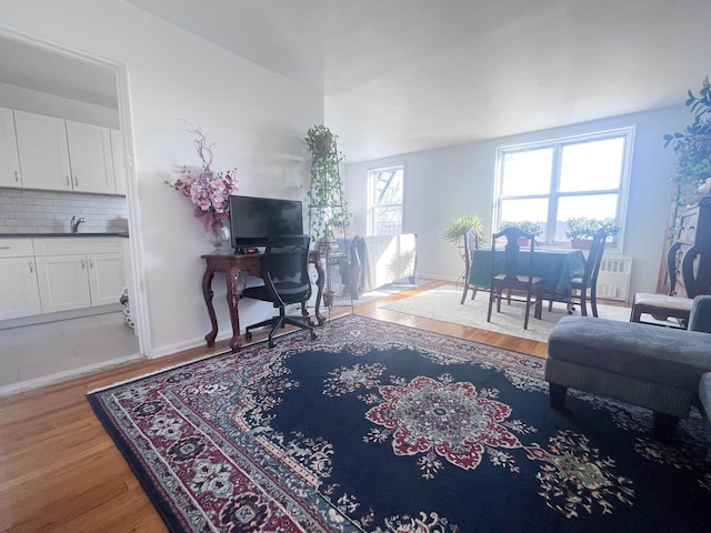 living room with light wood-type flooring and baseboards