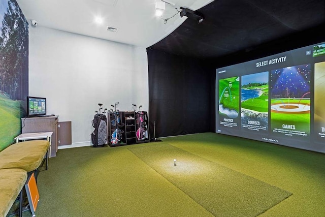 rec room with golf simulator and carpet flooring