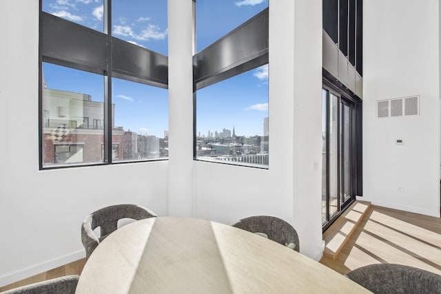 205 Java Street Pnthse, New York City, NY 11222 - dining room with plenty of natural light, wood finished floors, a skyline view, baseboards, and a high ceiling
