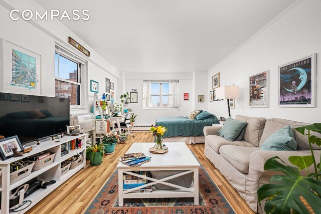 living room with crown molding, hardwood / wood-style floors, and a baseboard heating unit