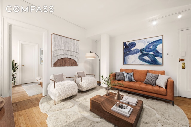 living area featuring track lighting and wood finished floors