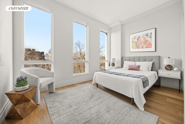 bedroom with baseboards and wood finished floors