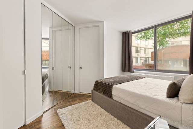 bedroom featuring dark hardwood / wood-style flooring and a closet