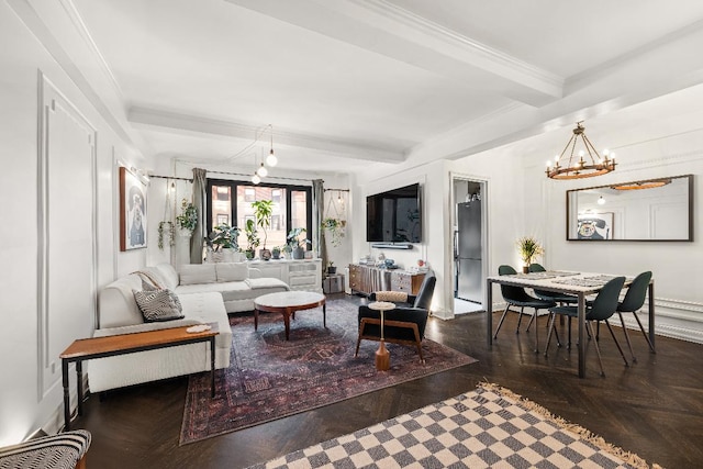 living room featuring crown molding, dark parquet floors, a chandelier, and beam ceiling