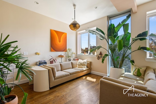 living room featuring recessed lighting, baseboards, and wood finished floors