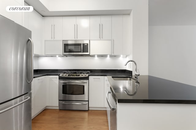 kitchen with a peninsula, dark countertops, stainless steel appliances, and a sink