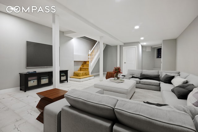 living room featuring recessed lighting, stairway, marble finish floor, and baseboards