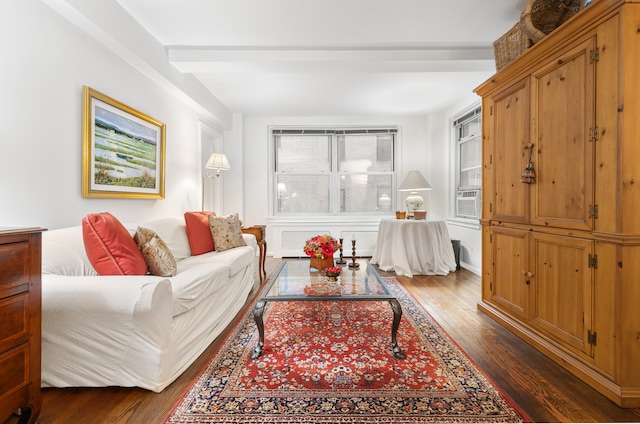 215 E 73rd St Unit 1G, New York City, NY 10021 - living room featuring dark wood finished floors, beam ceiling, and cooling unit
