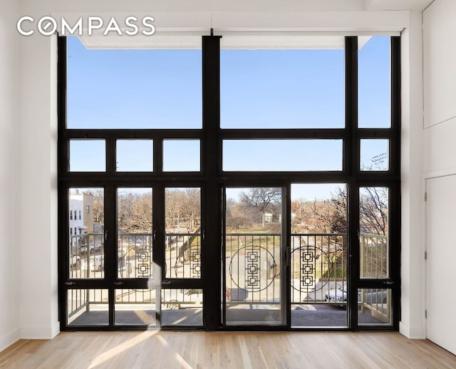 doorway featuring a towering ceiling, floor to ceiling windows, wood-type flooring, and plenty of natural light