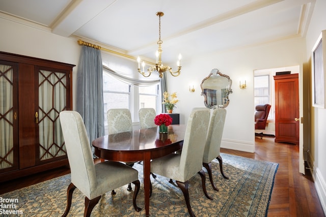 dining space featuring crown molding, beam ceiling, dark wood-type flooring, and a chandelier