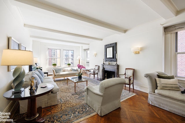 living room featuring crown molding, beam ceiling, and dark parquet floors