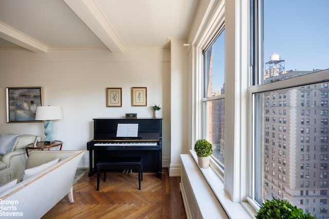 miscellaneous room featuring beamed ceiling, plenty of natural light, and dark parquet floors