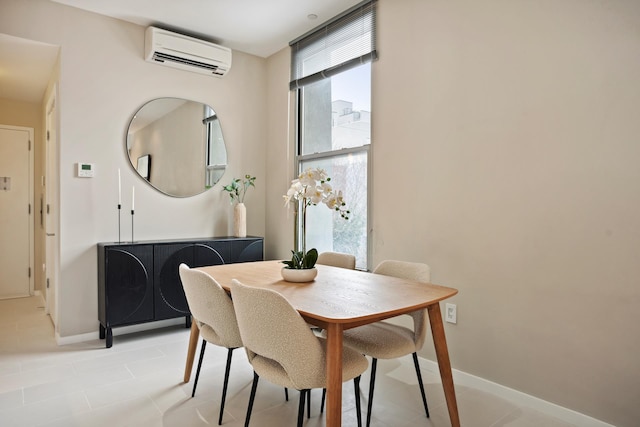 dining area with a wealth of natural light, expansive windows, baseboards, and an AC wall unit