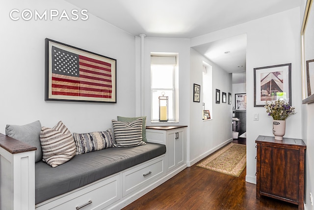 interior space with dark wood-style flooring and baseboards