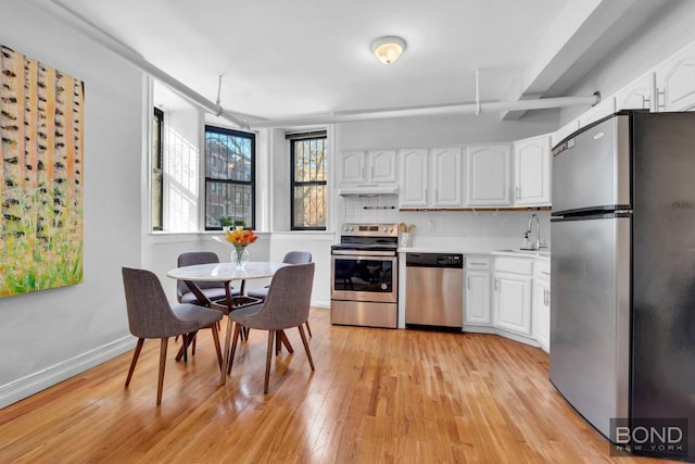 kitchen with sink, stainless steel appliances, light hardwood / wood-style floors, and white cabinets