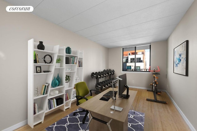 workout room with hardwood / wood-style flooring