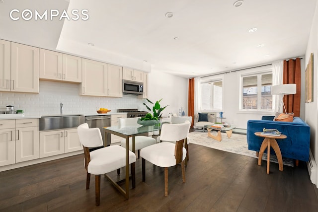 kitchen with backsplash, dark wood-style floors, appliances with stainless steel finishes, and a sink