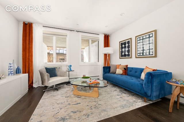 living room with dark hardwood / wood-style flooring