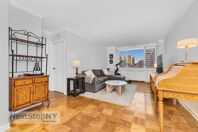 living room with crown molding