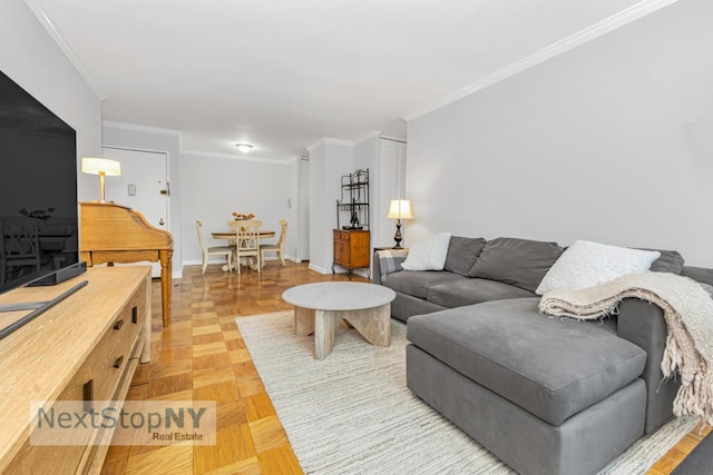 living room featuring parquet floors and ornamental molding