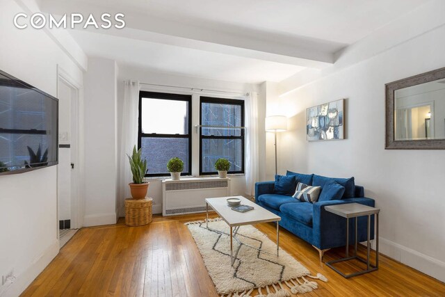 living room with baseboards, radiator, and hardwood / wood-style floors