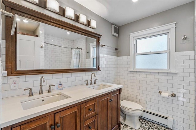 bathroom featuring walk in shower, toilet, tile walls, baseboard heating, and vanity