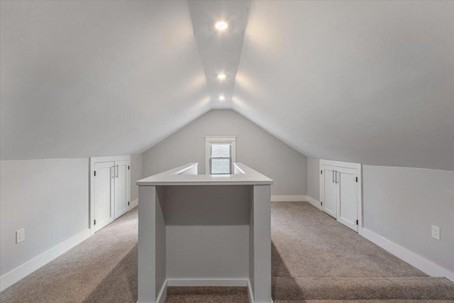 additional living space with light colored carpet and lofted ceiling