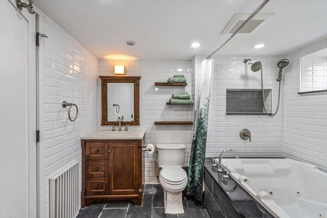 full bathroom featuring shower / bath combo, tile walls, vanity, and toilet