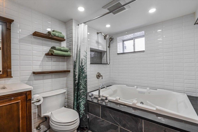 full bathroom featuring toilet, vanity, shower / bathtub combination with curtain, and tile walls