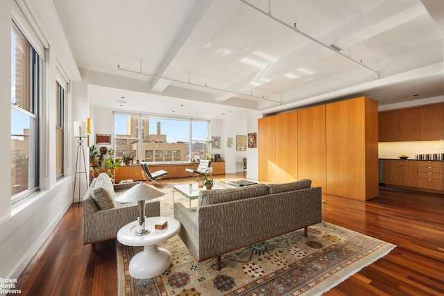 living room featuring beamed ceiling and dark wood-type flooring