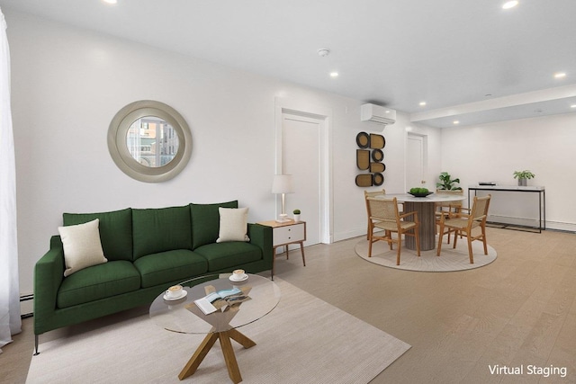 living area featuring a wall mounted air conditioner, recessed lighting, and baseboard heating