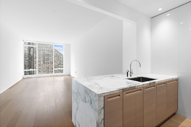 kitchen featuring recessed lighting, a sink, light wood-style flooring, and light stone countertops