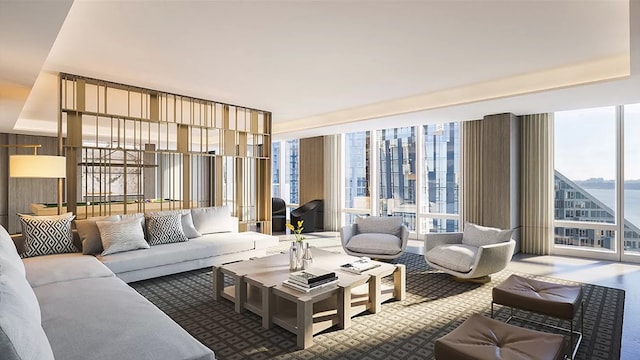 30 Riverside Blvd Unit 20-K, New York City, NY 10069 - living area featuring a wall of windows and a raised ceiling