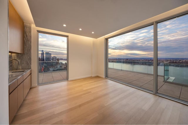 unfurnished dining area with a water view, sink, and light hardwood / wood-style flooring