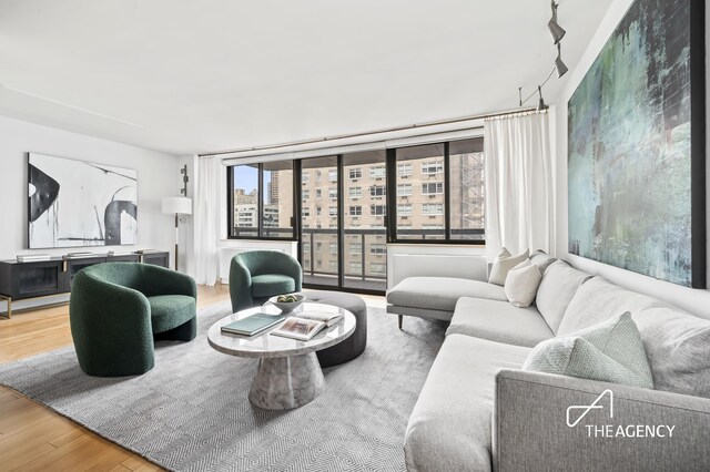 living area featuring wood finished floors and a city view