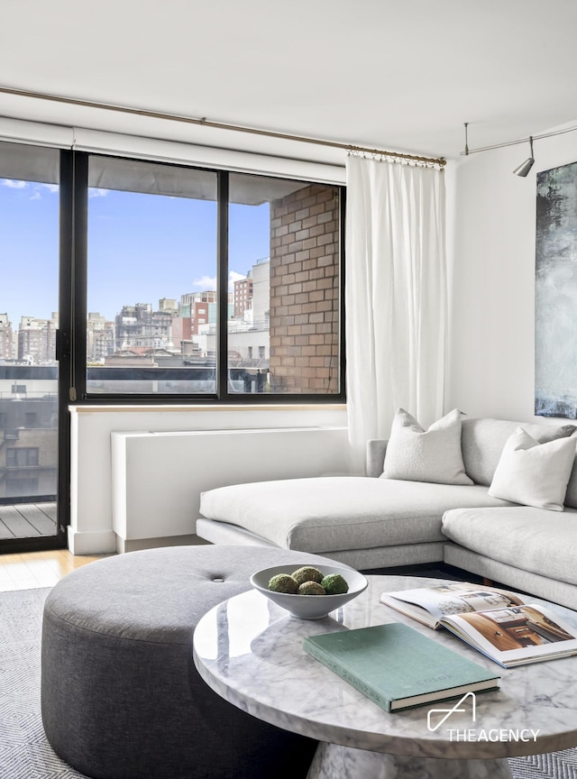 living area featuring a view of city and wood finished floors