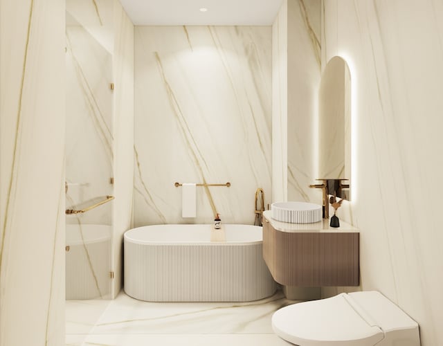 31-16 21st St Unit 2-B, New York City, NY 11106 - full bath featuring a freestanding tub and toilet