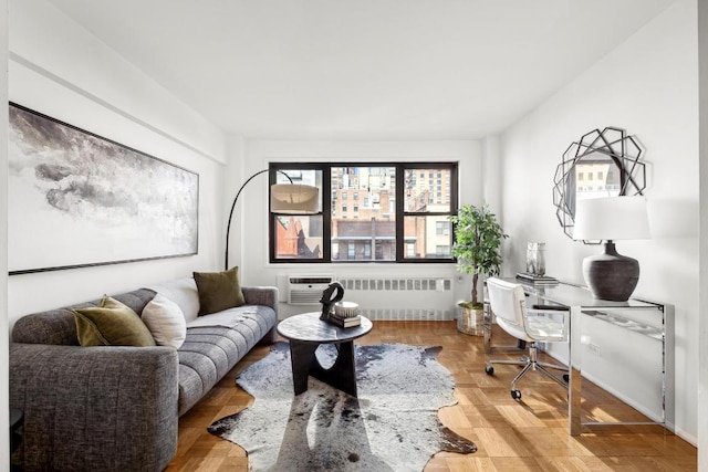 office featuring parquet floors and radiator heating unit