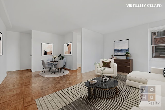 living room with light parquet floors